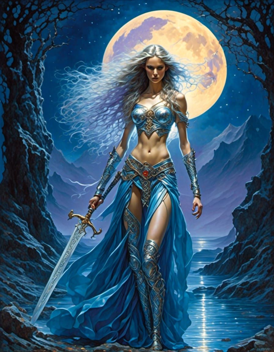Celtic Woman with Sword in Neon Landscape