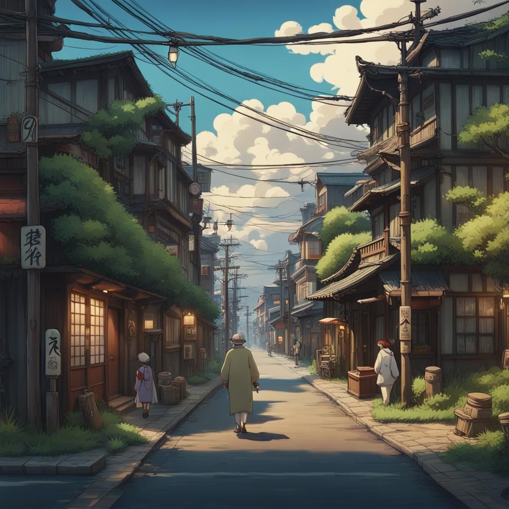 Japanese Street Scene in Hayao Miyazaki Style