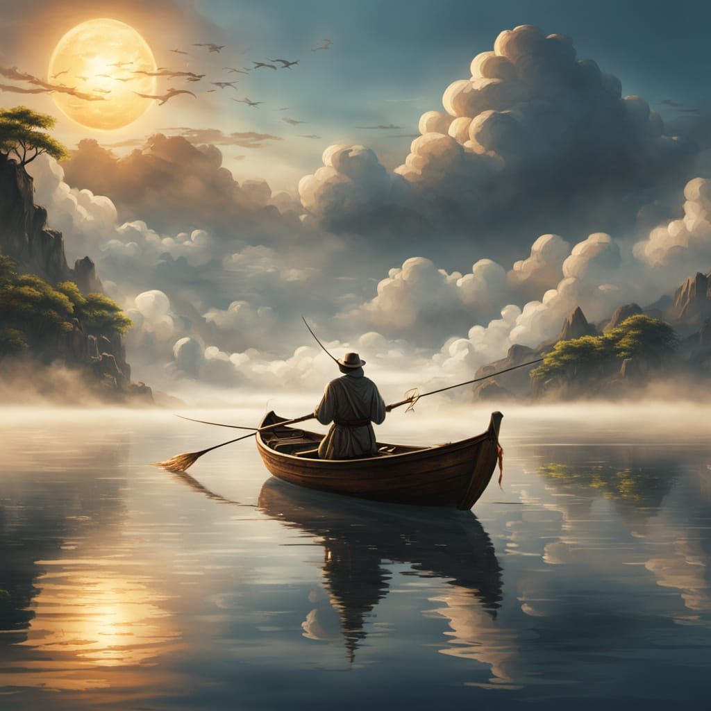 Ancient Angler Casts Line into Dreamlike Sky-Realm