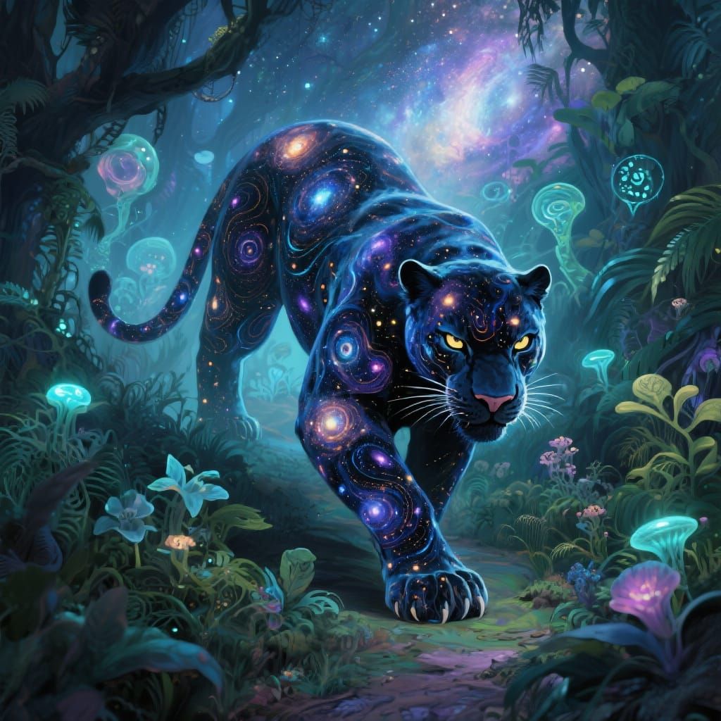 Galactic Panther in Bioluminescent Jungle, Holographic Art