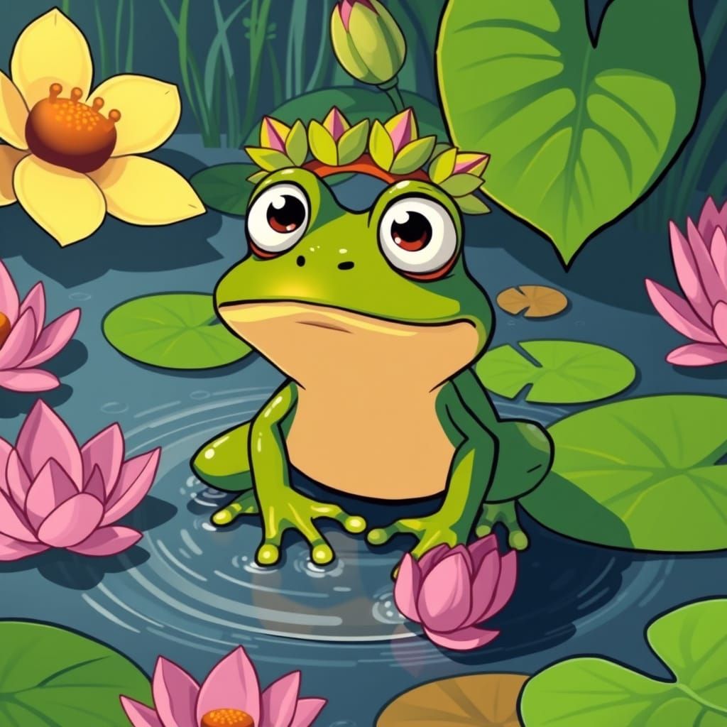 Whimsical Frog with Crown in Naive Art Style