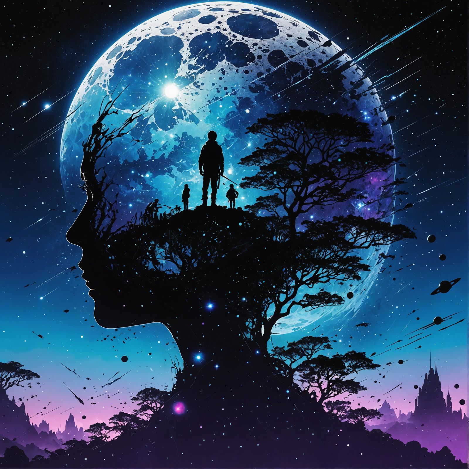 Cosmic Dreamscape: Shattered Moon in Surreal Galaxy