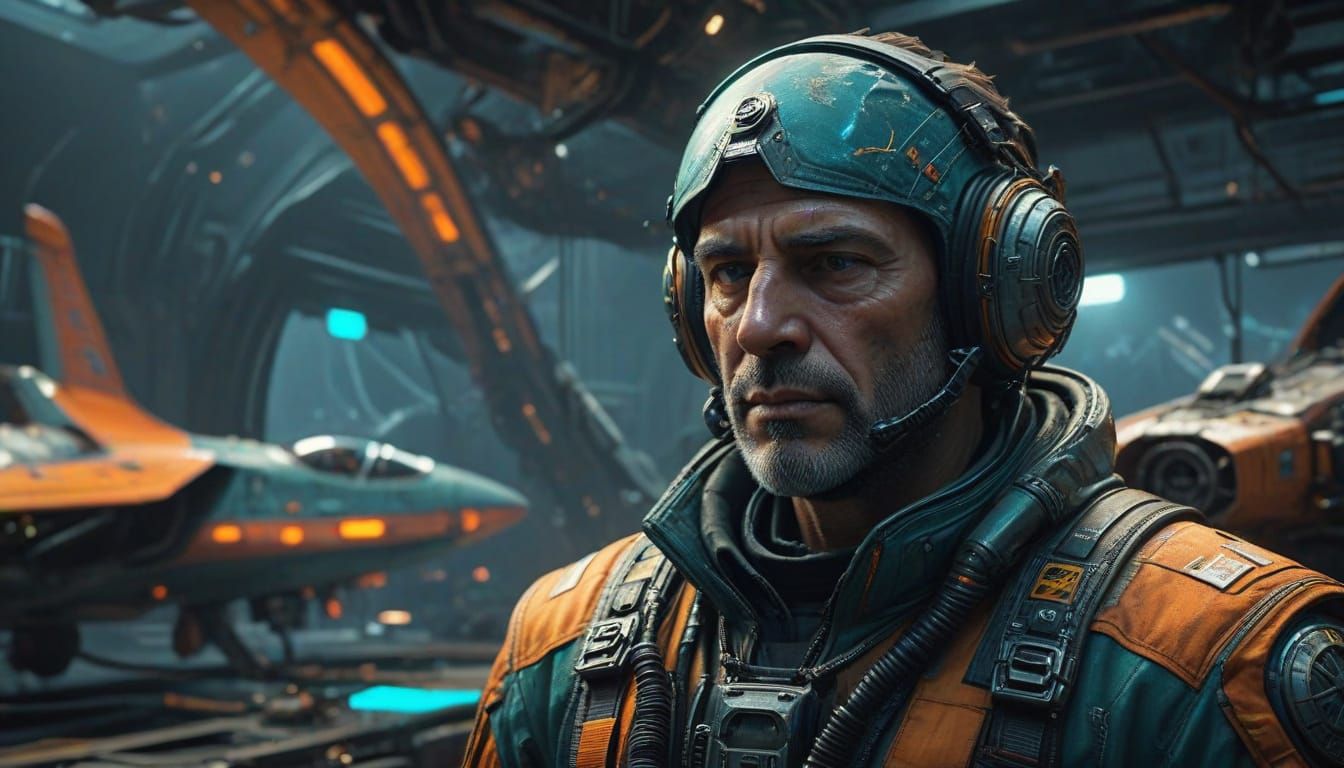 Cyberpunk Mechanic in Hyperdetailed Spaceship Garage