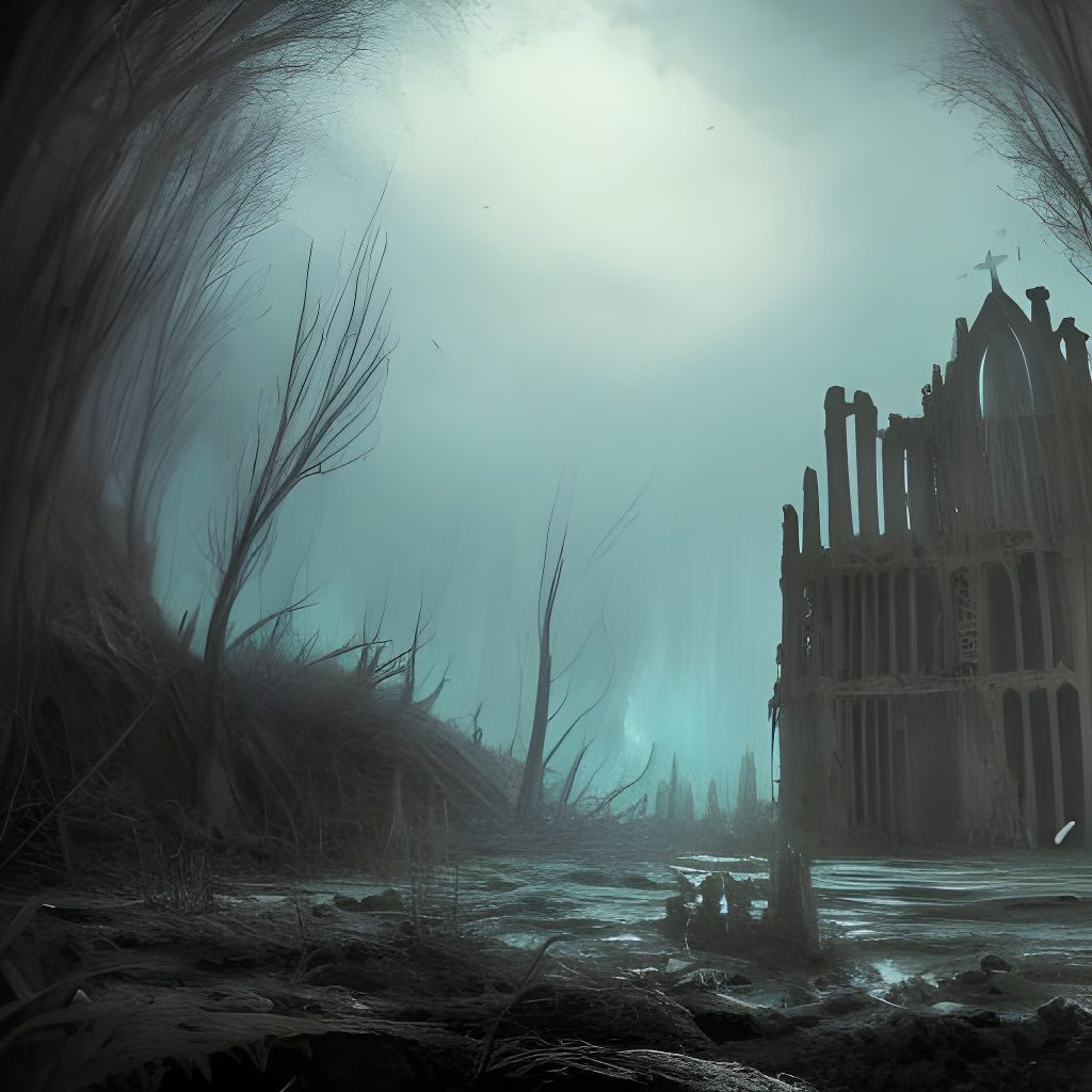 Underwater Church Ruins in Dark Fantasy Style