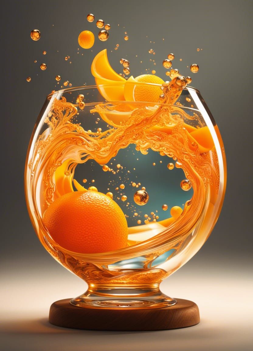 Hyperrealistic Orange Juice Wave in Glass, CGI Art