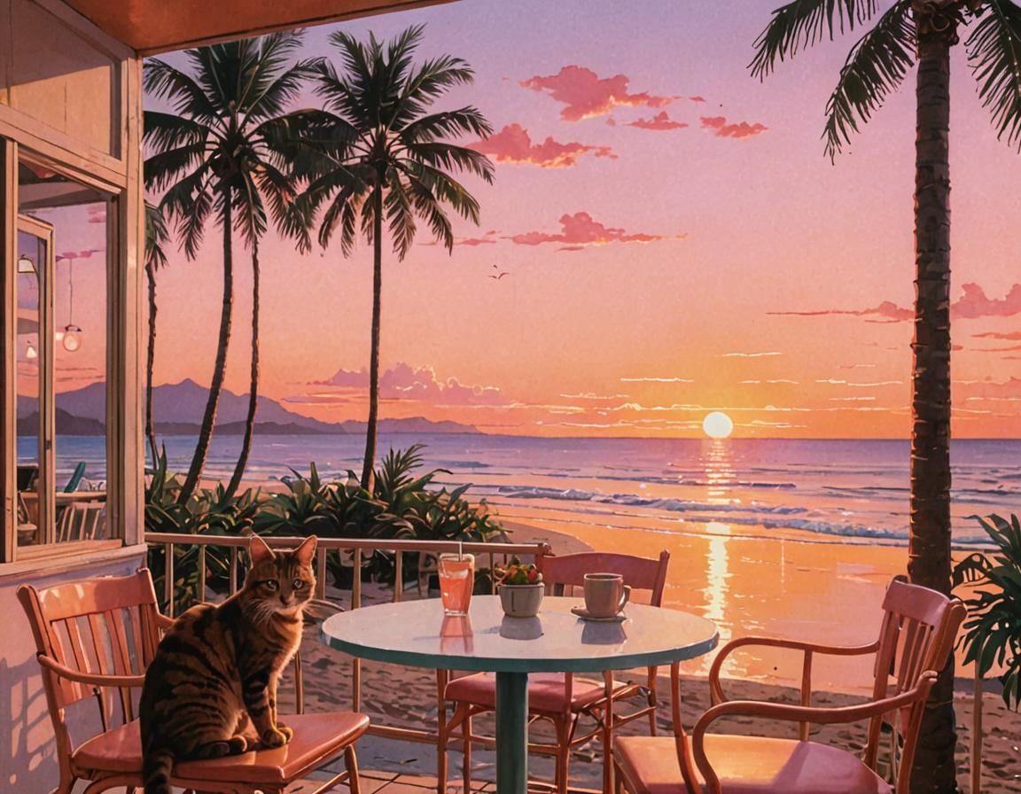 Sunset Beach Cafe: 1980s Animation with Cat