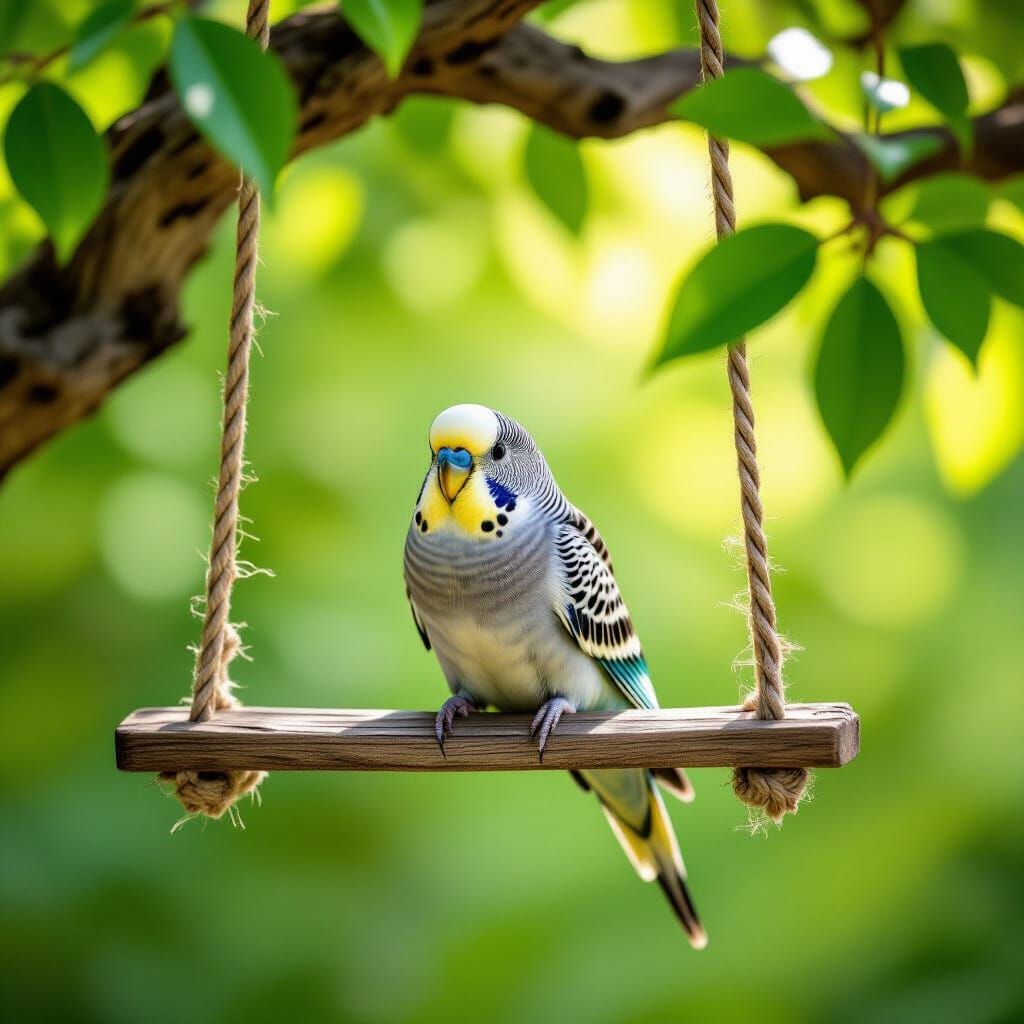 Australian Budgie on Wooden Swing, Hyperrealistic Photograph