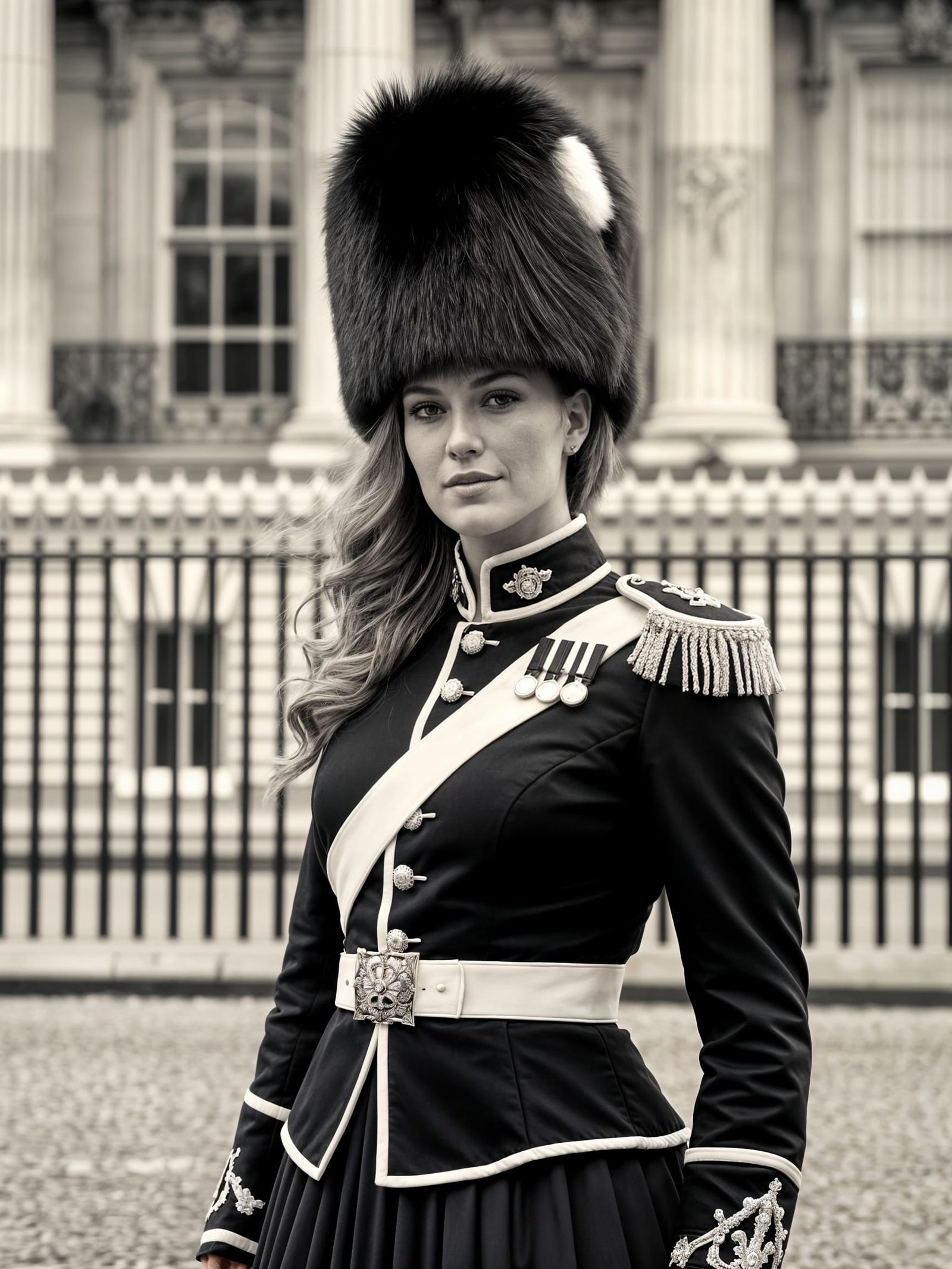 Cinematic Portrait of a Woman in British Kings Guard Uniform