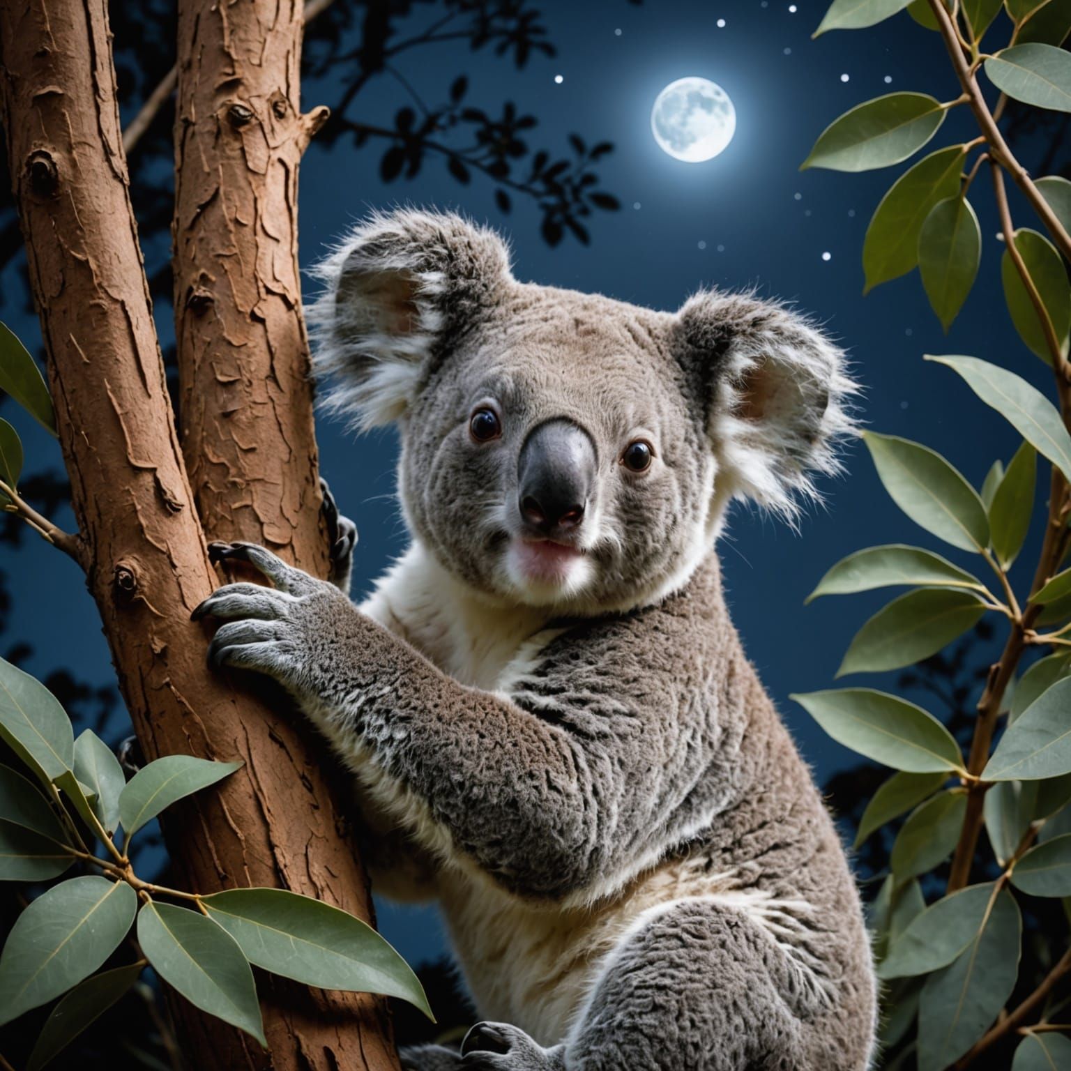 Moonlit Koala Bear in Eucalyptus Tree