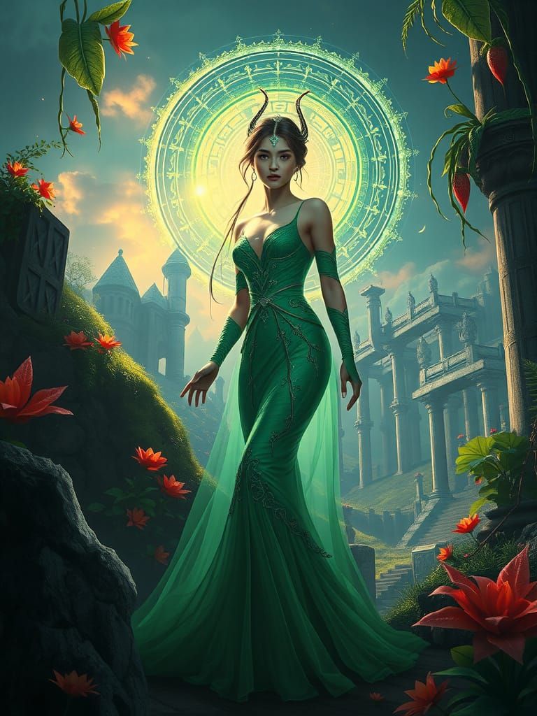 Mystical Emerald Lady in Detailed Matte Painting Style