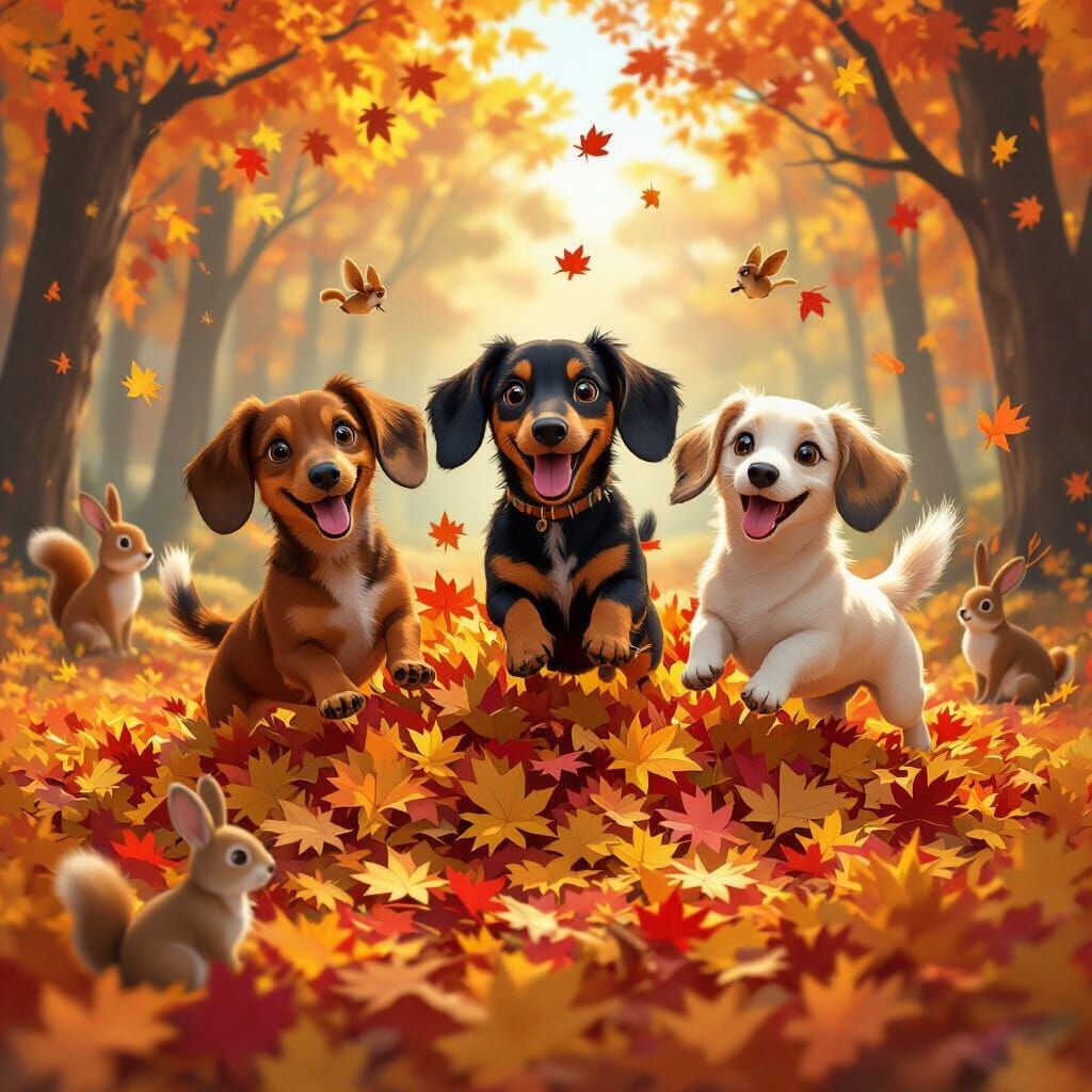 Cute Dachshunds Leap Into Autumn Leaves In 3D Anime Style