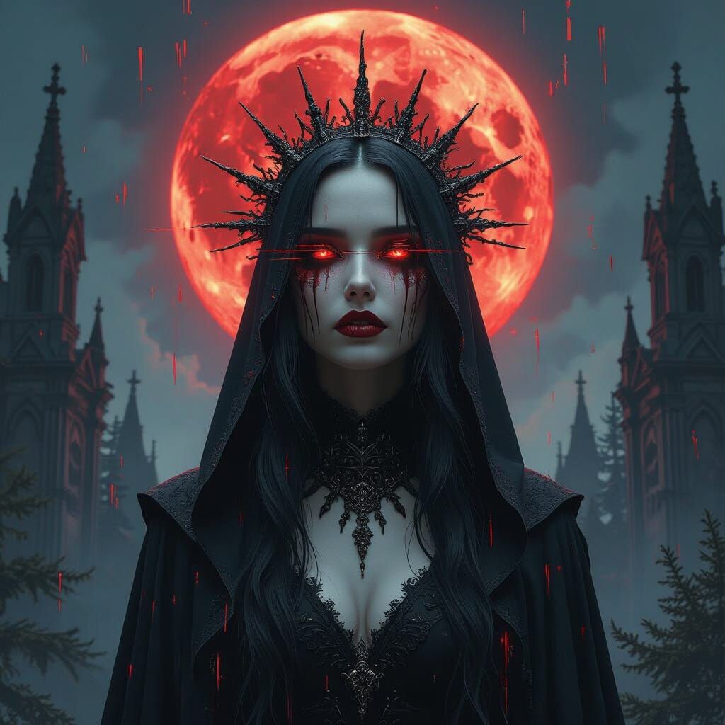 Sorceress Under Blood Moon with Fragmented Face