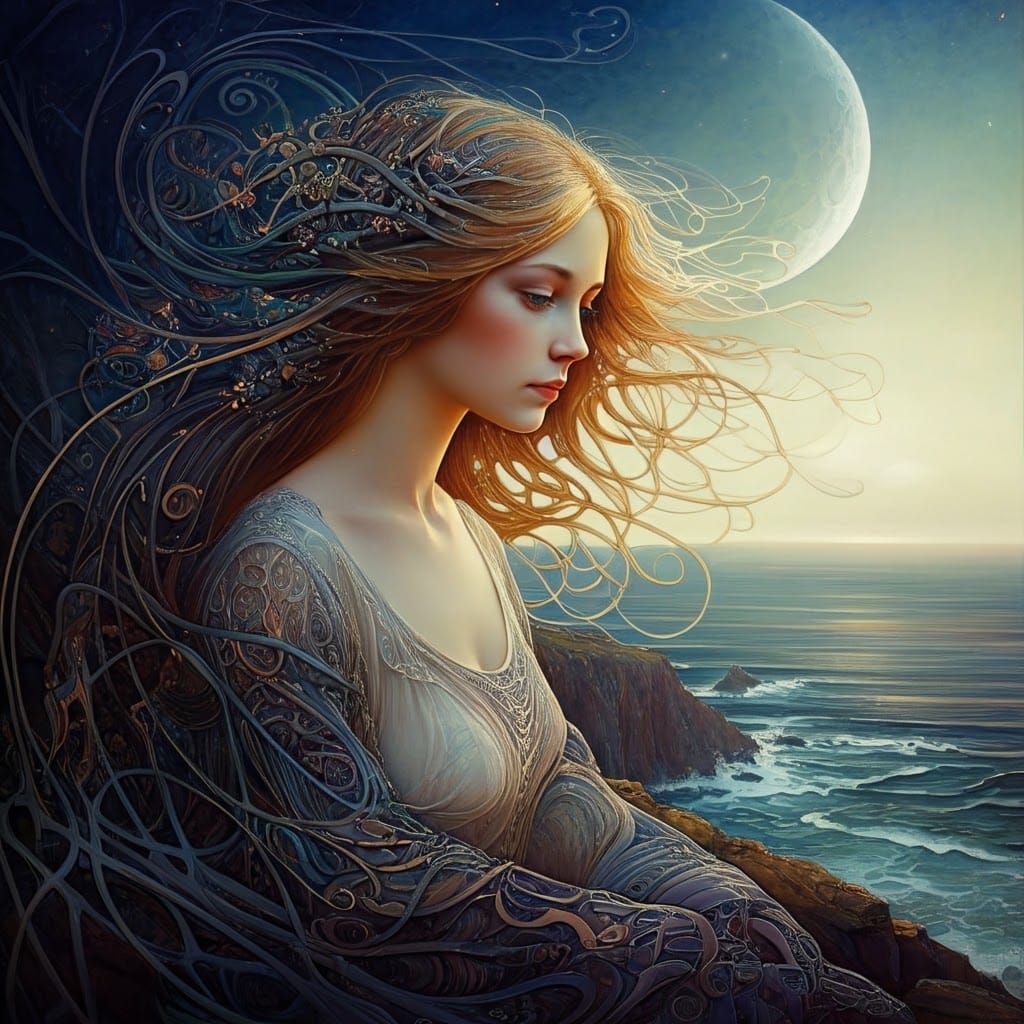 Ethereal Woman on Cliffside in Art Nouveau Style