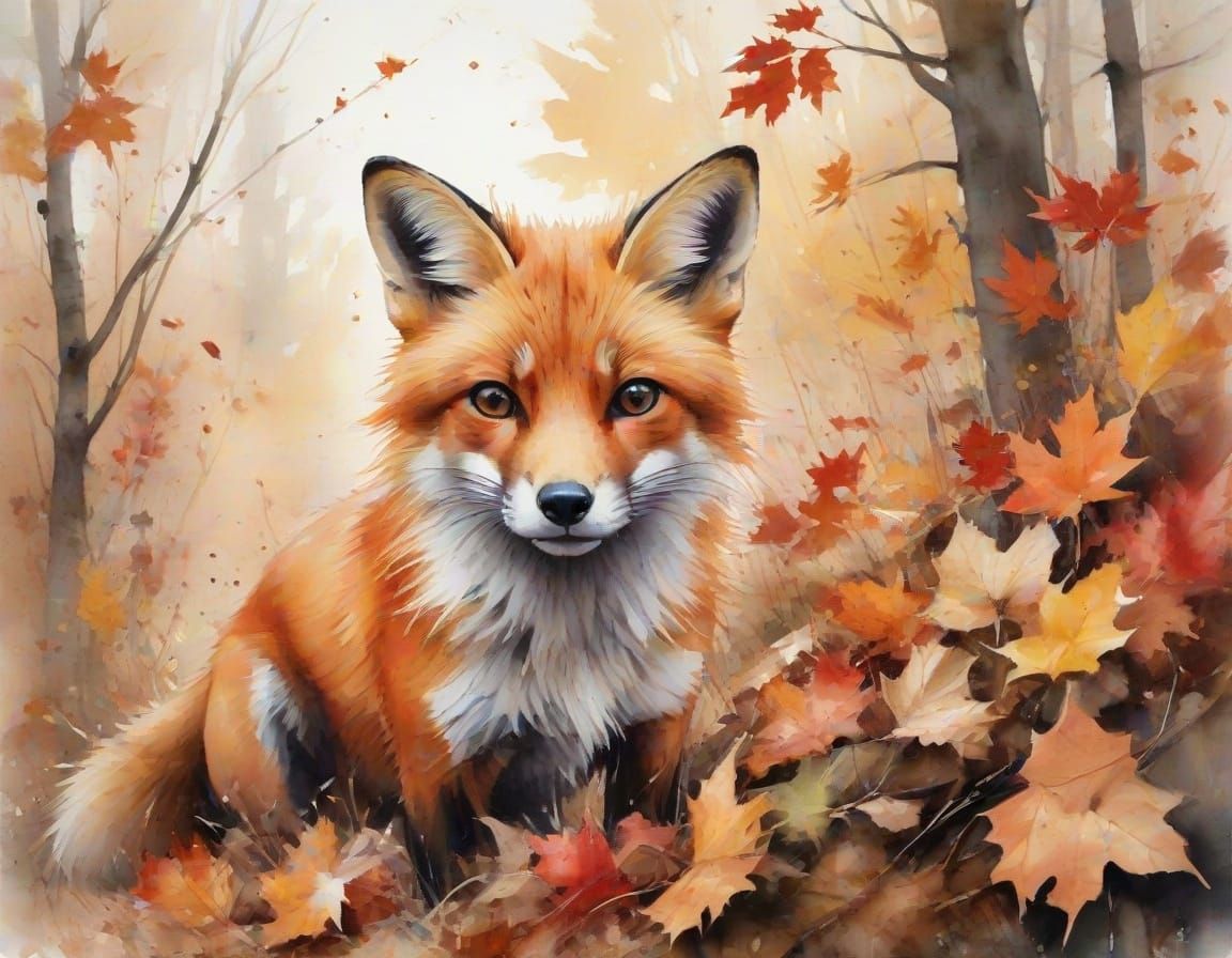 Red Fox Romping in Autumn Leaves Watercolor Painting