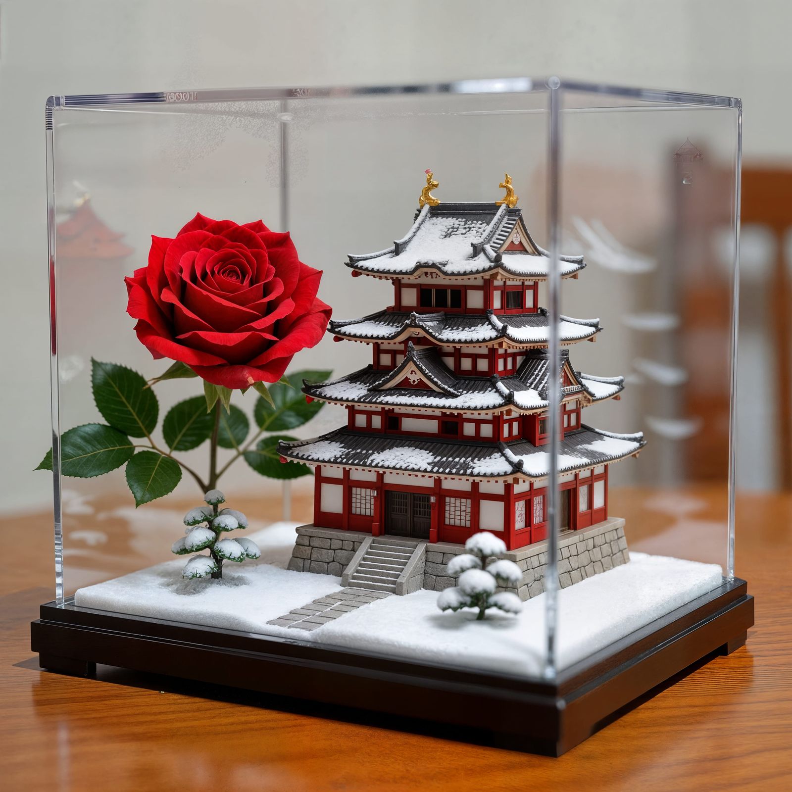 Miniature Winter Castle with Red Rose