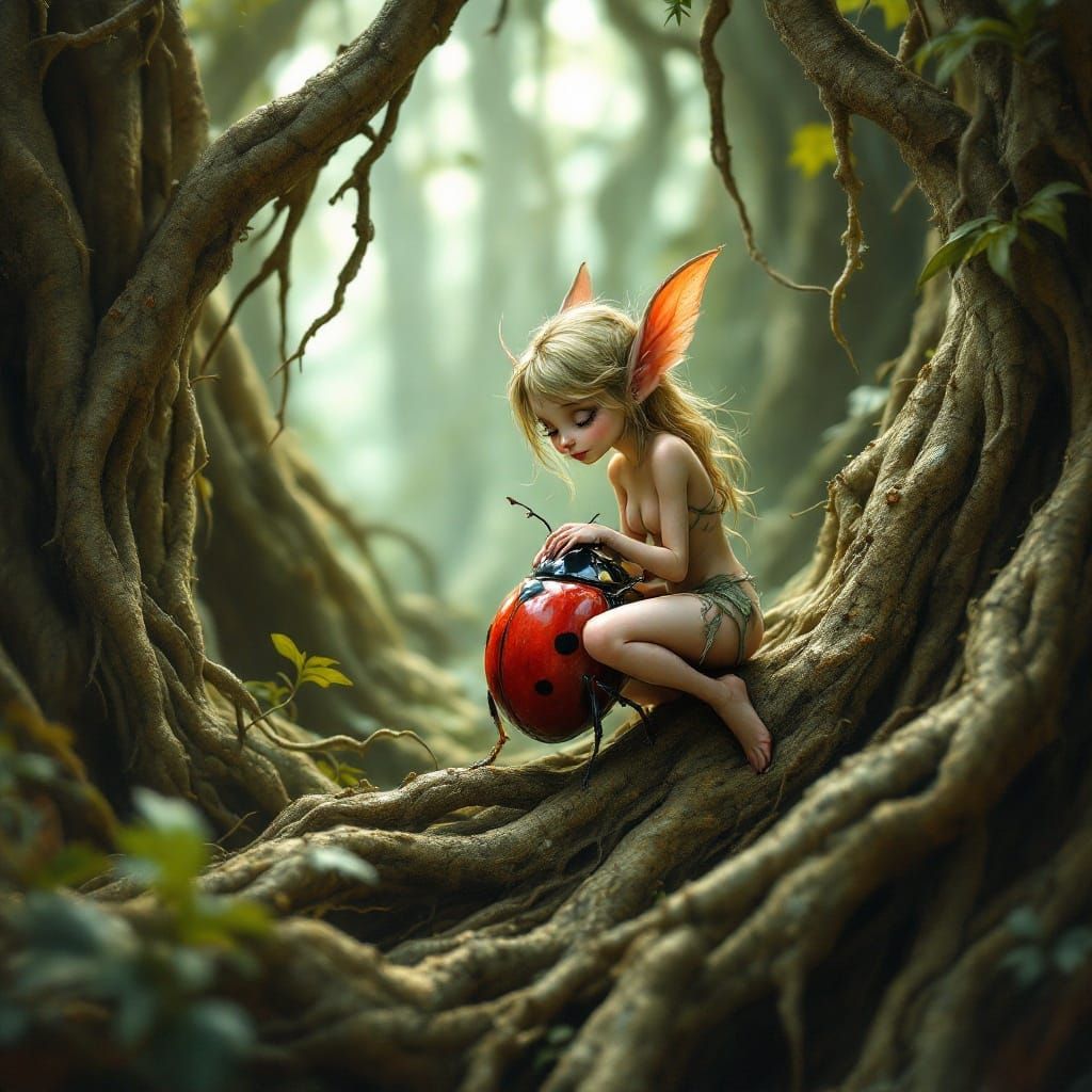Whimsical Elf Maiden Rides Vibrant Ladybug Amidst Ancient Ro...