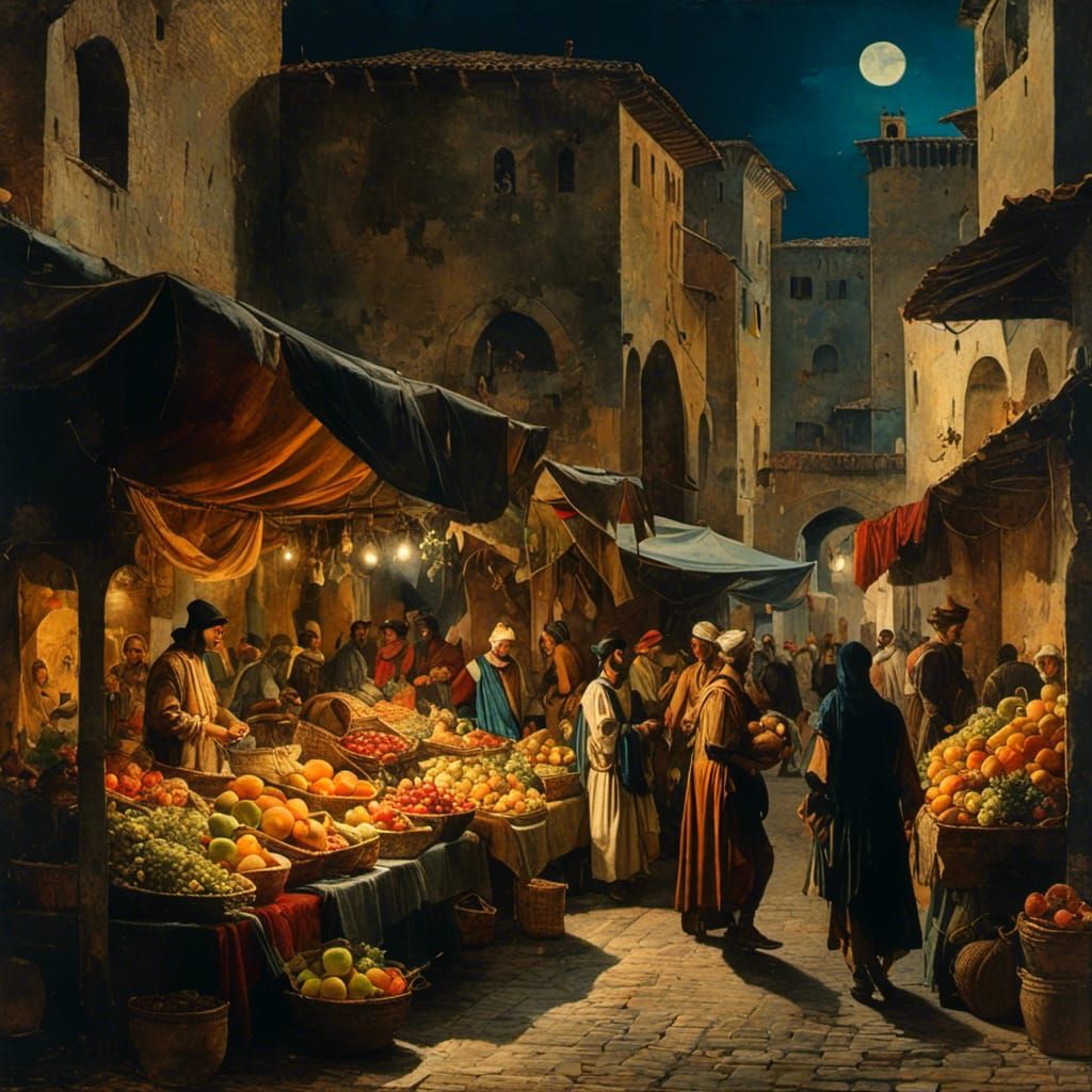 Lively Arabian Medieval Market at Night