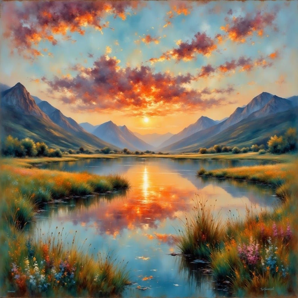 Peaceful Emerald Lake Landscape in Impressionist Style