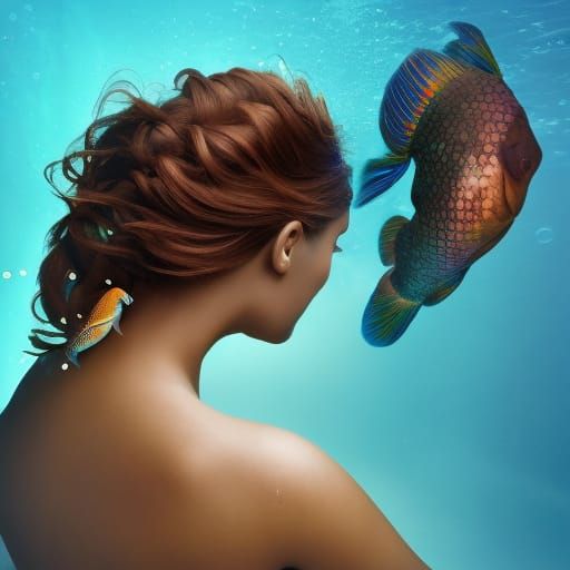 Auburn Haired Woman with Scales in Underwater Rococo Portrai...