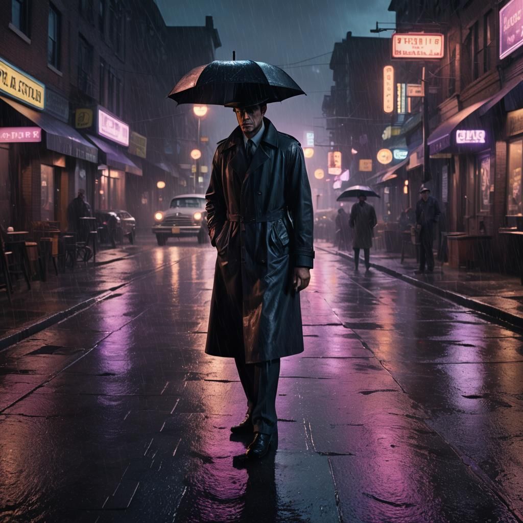 Film Noir Detective in Rainy Cityscape