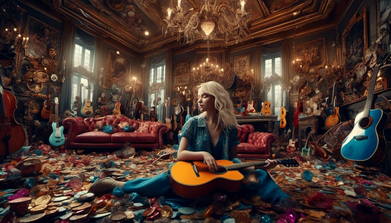 Hyperrealistic Woman Writing Music with Fairy Guitars