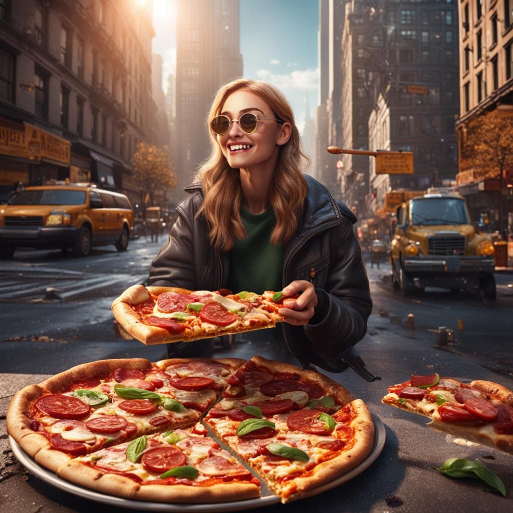 Woman Eating Pizza in New York: Detailed Matte Painting