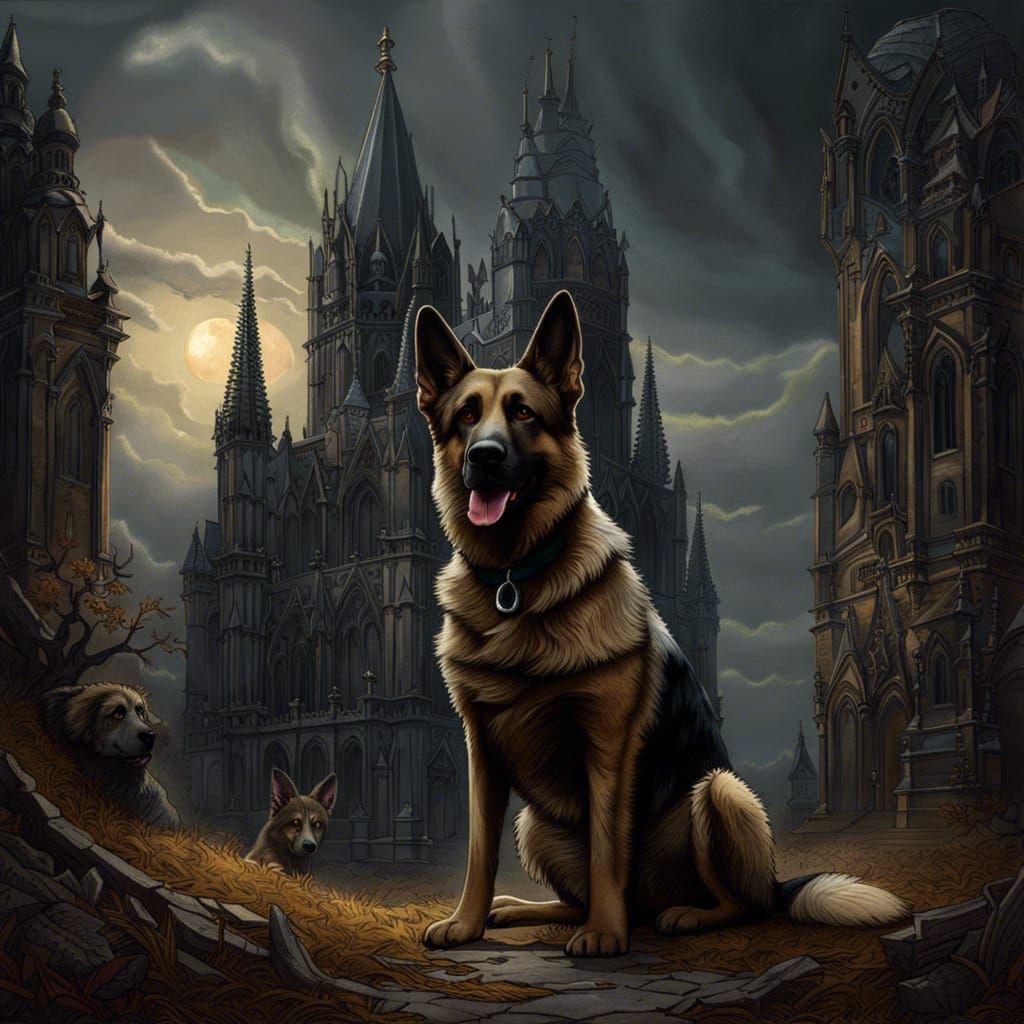 German Shepherd Guarding a Gothic Church