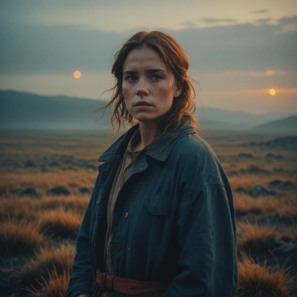 Woman in Misty Landscape with Cinematic Lighting