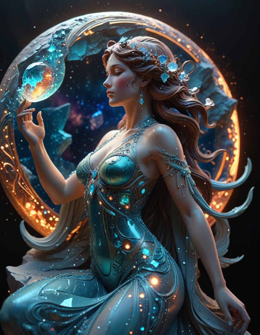 Celestial Goddess Carved From Asteroid in Art Nouveau Style