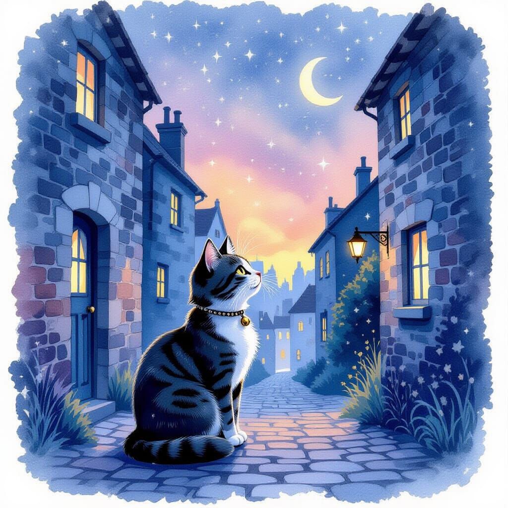 Whimsical Cat in Galaxy Nightscape as Watercolor Art