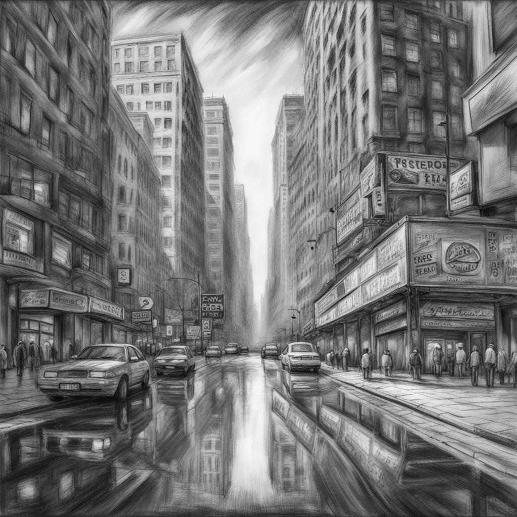 Upside Down City Street Charcoal Drawing