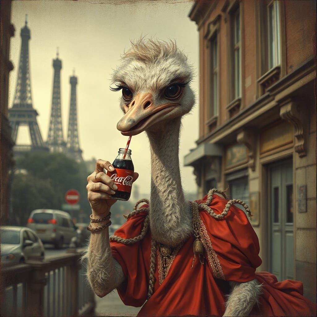 Anthropomorphic Ostrich in Dramatic, Vintage Parisian Style
