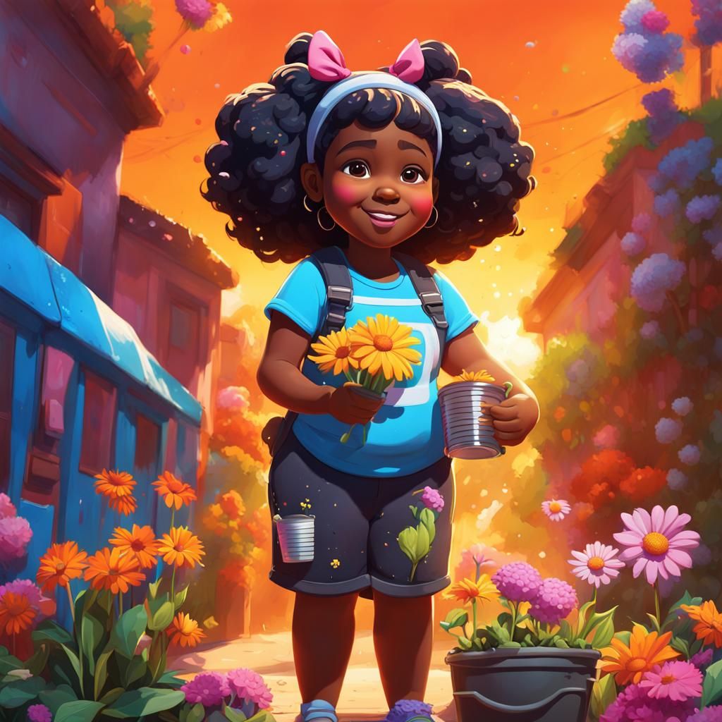 Girl Planting Flowers in Graffiti Street Art Style