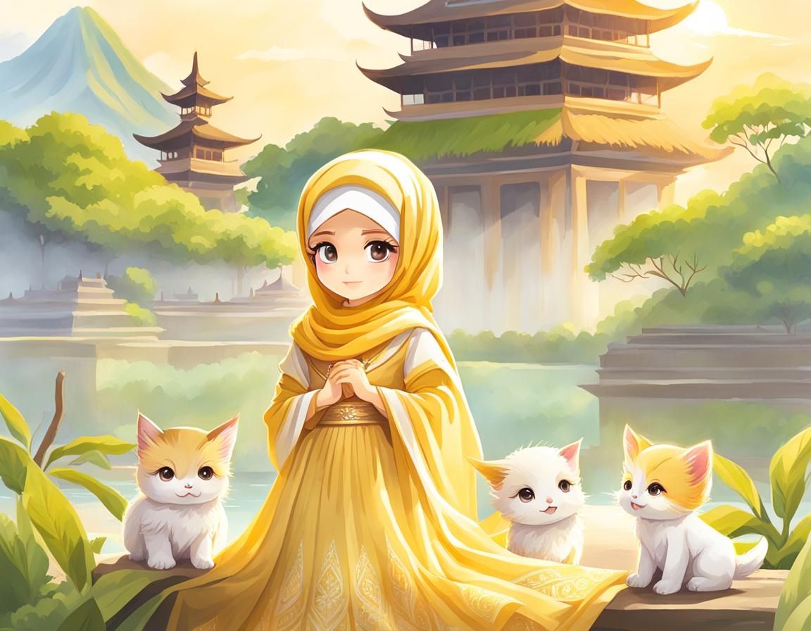 Indonesian girl with her cats in front of the Pura Ulun Danau Bratan temple in Bali🇮🇩