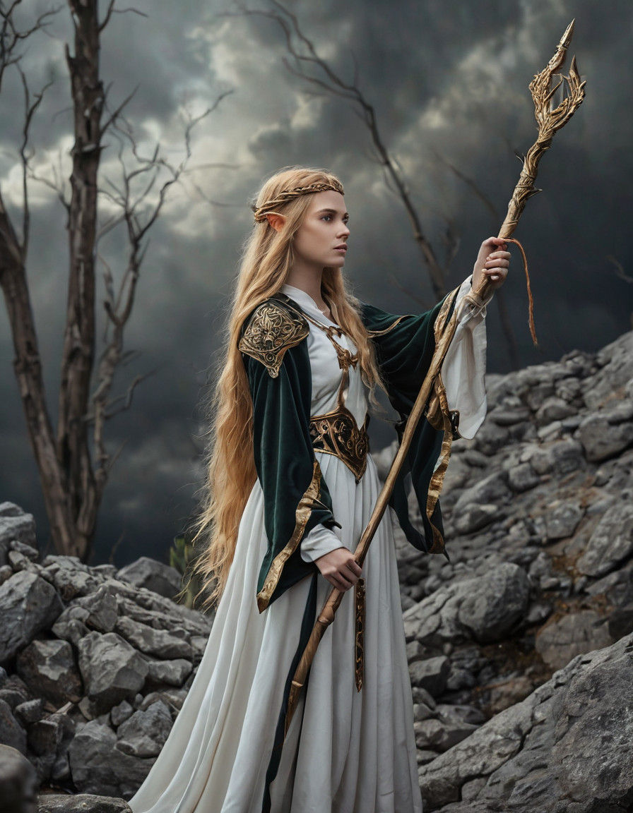 Ethereal Elf Maiden in Medieval Regalia, Holding Scepter on...