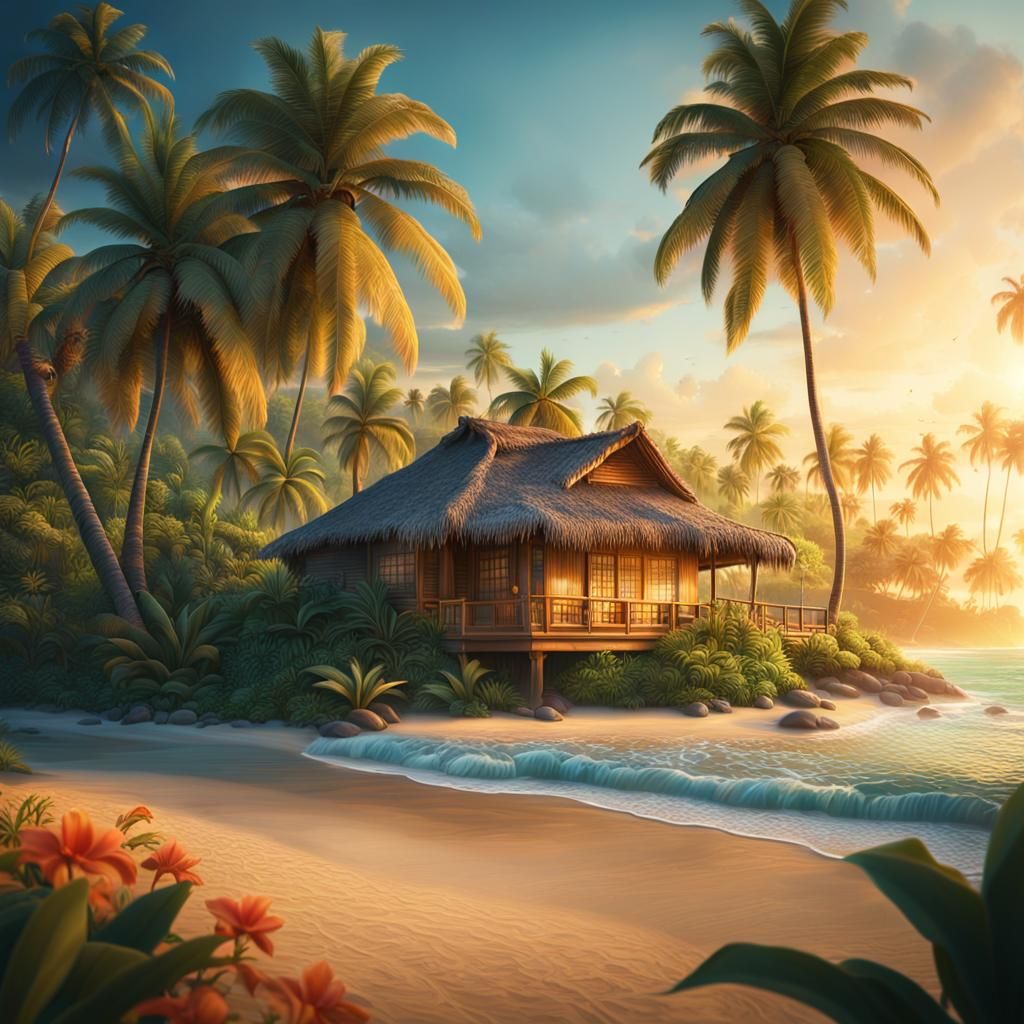 Tropical Beach Sunset Digital Matte Painting