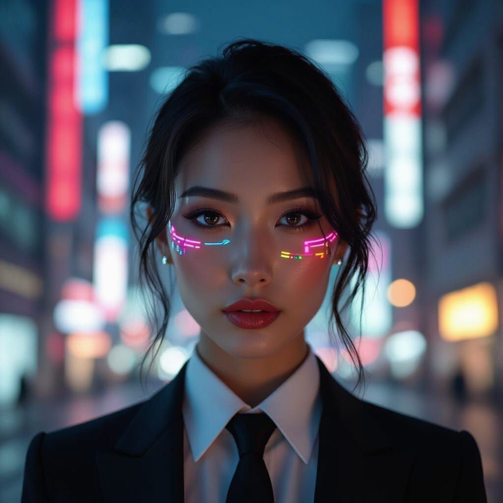 Cyberpunk Woman with Neon Reflections in Tokyo