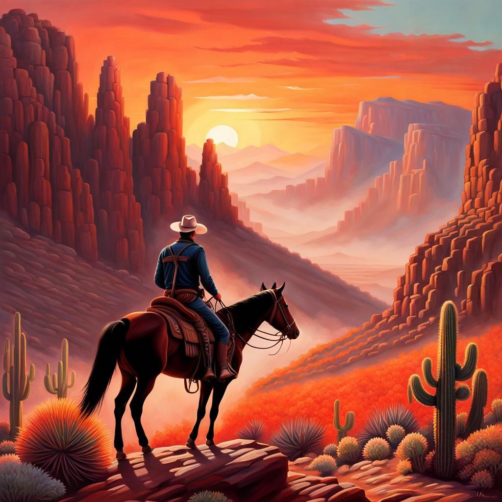 Cowboy Rides into Sunset: A Pastel Painting