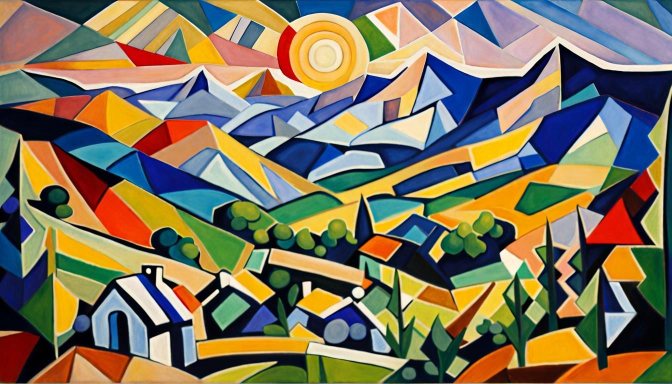 Cubist Mountain Meadow Dawn in Avant-Garde Style