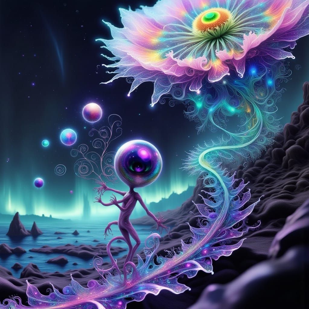 Ethereal Alien Ascends Cyberpunk Dreamscape