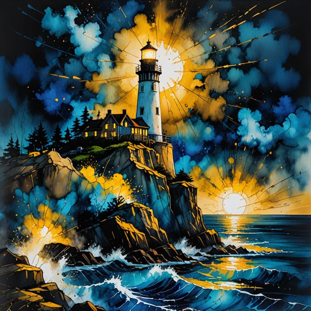 Ink Splatter Lighthouse in Stormy Night