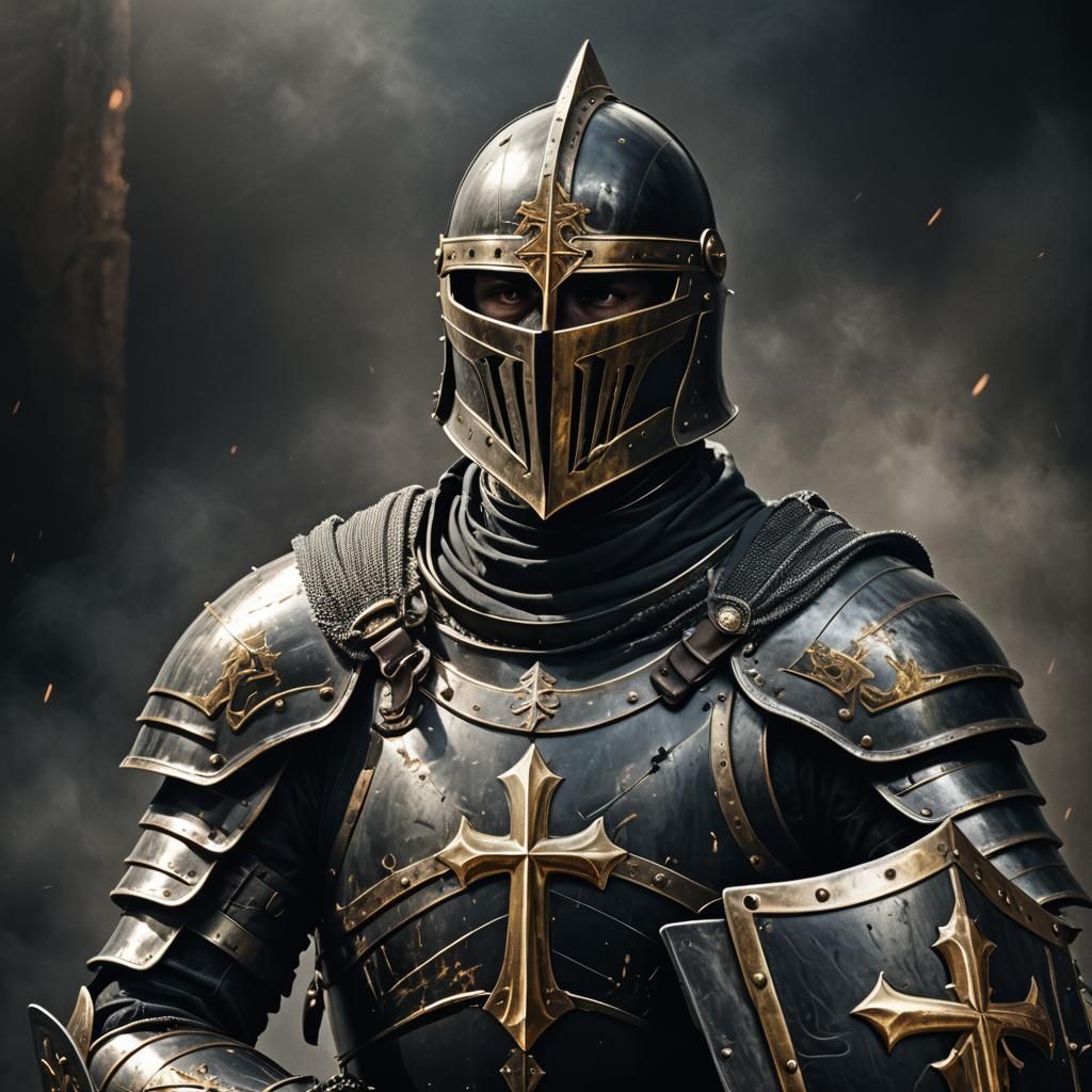 Templar Knight in Black Armor, Hyper-Realistic Portrait
