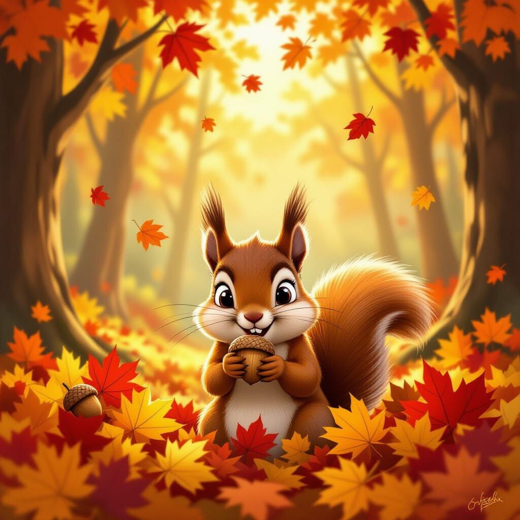 Mischievous Squirrel With Acorns In Autumn Leaves