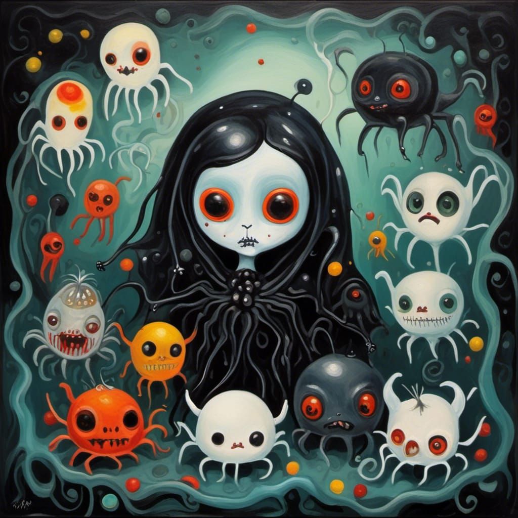 Cute Ghost Black Widow in Watercolor Woodcut Style