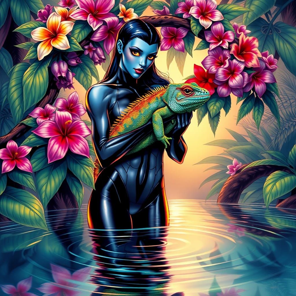 Mystique Cradling Rainbow Iguana in Comic Book Style