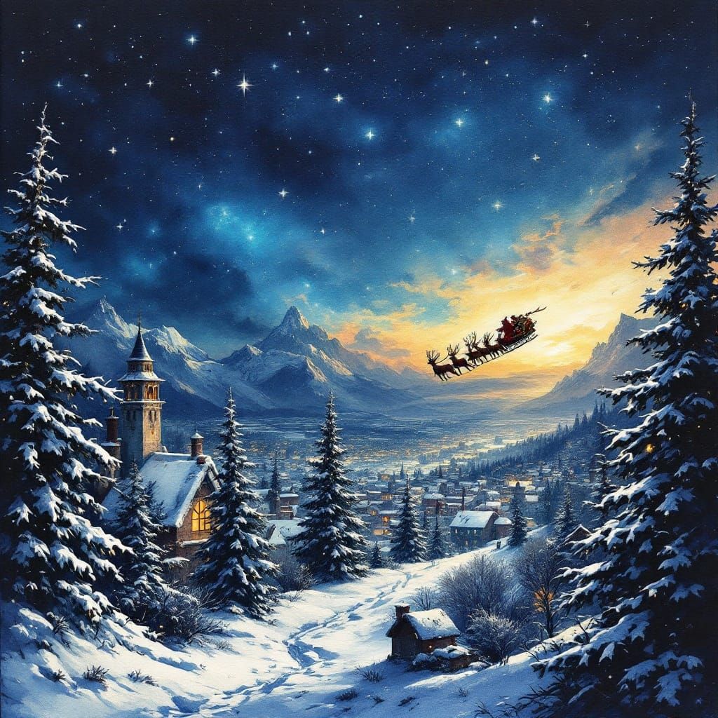 Christmas Eve Night in Whimsical Ink Painting Style