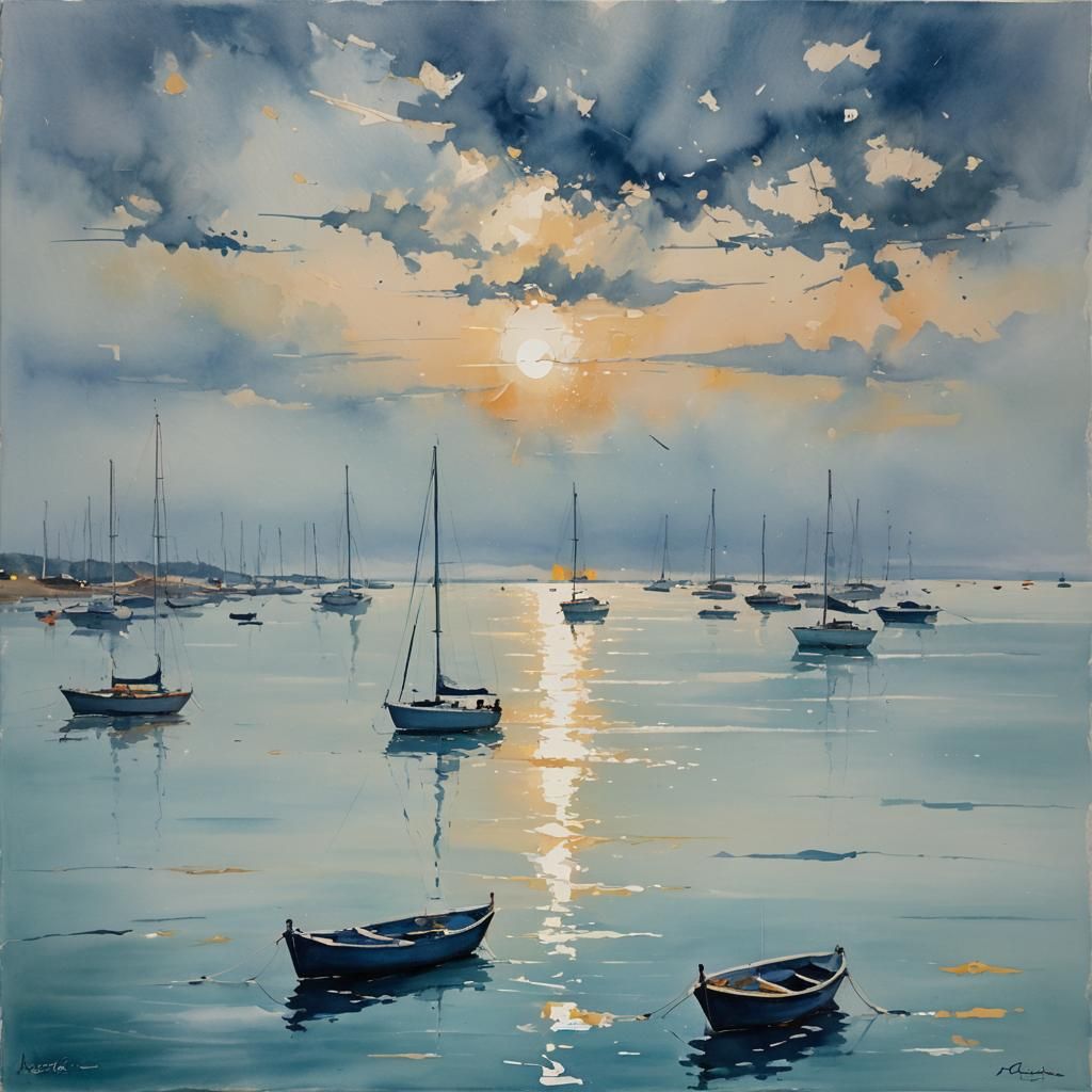 Abstract Seascape at Dusk: Calm Waters and Distant Lights