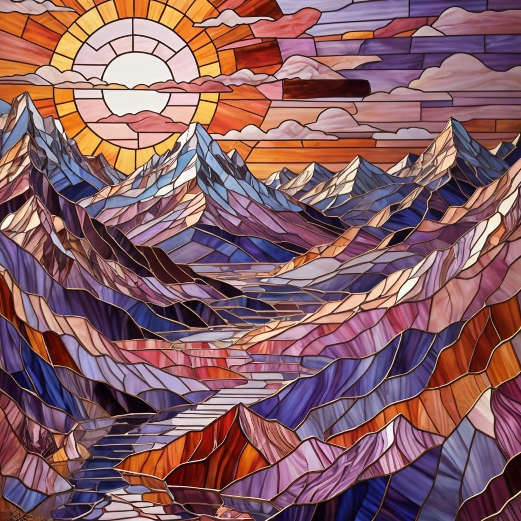 Vibrant Stained Glass Mountains at Sunset