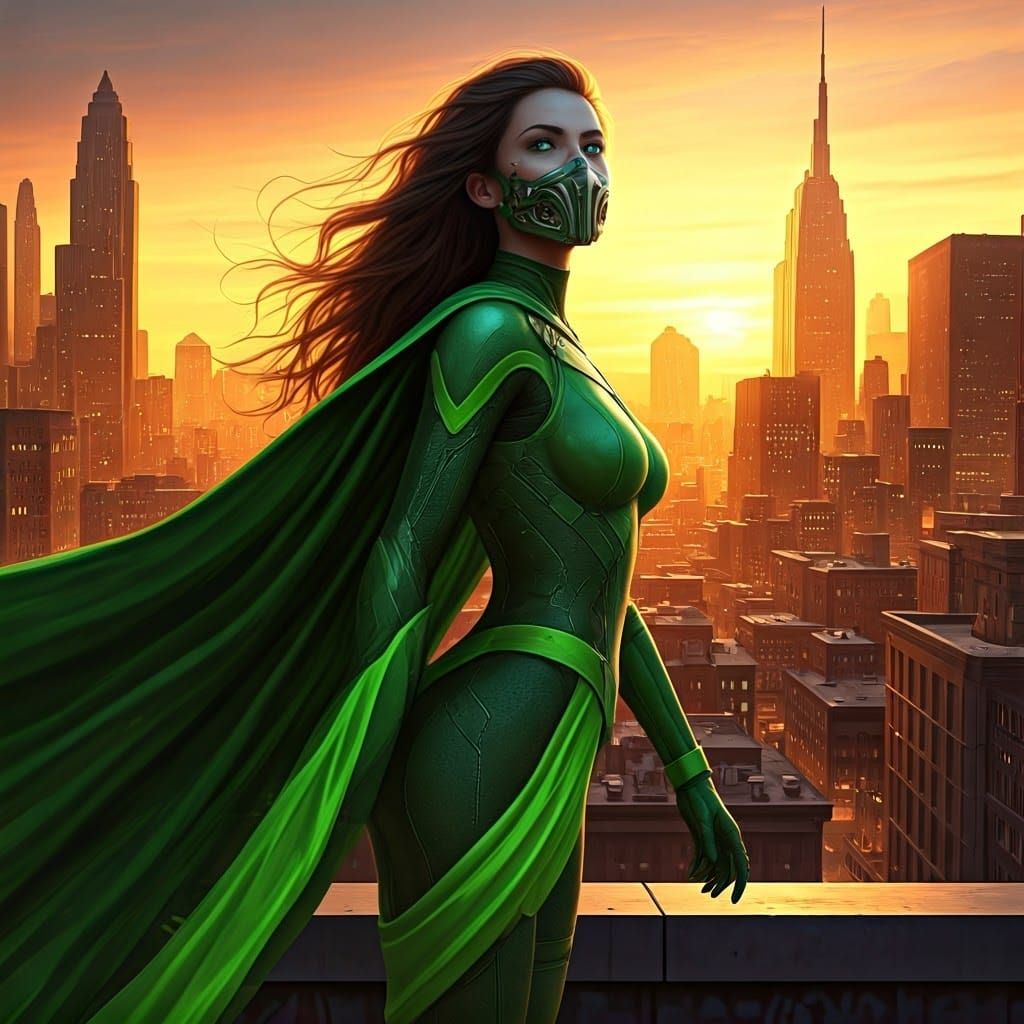 Neon Supersuit Heroine on Rooftop at Sunset