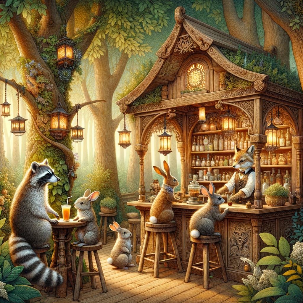 Whimsical Raccoon Cafe in Enchanting Treehouse